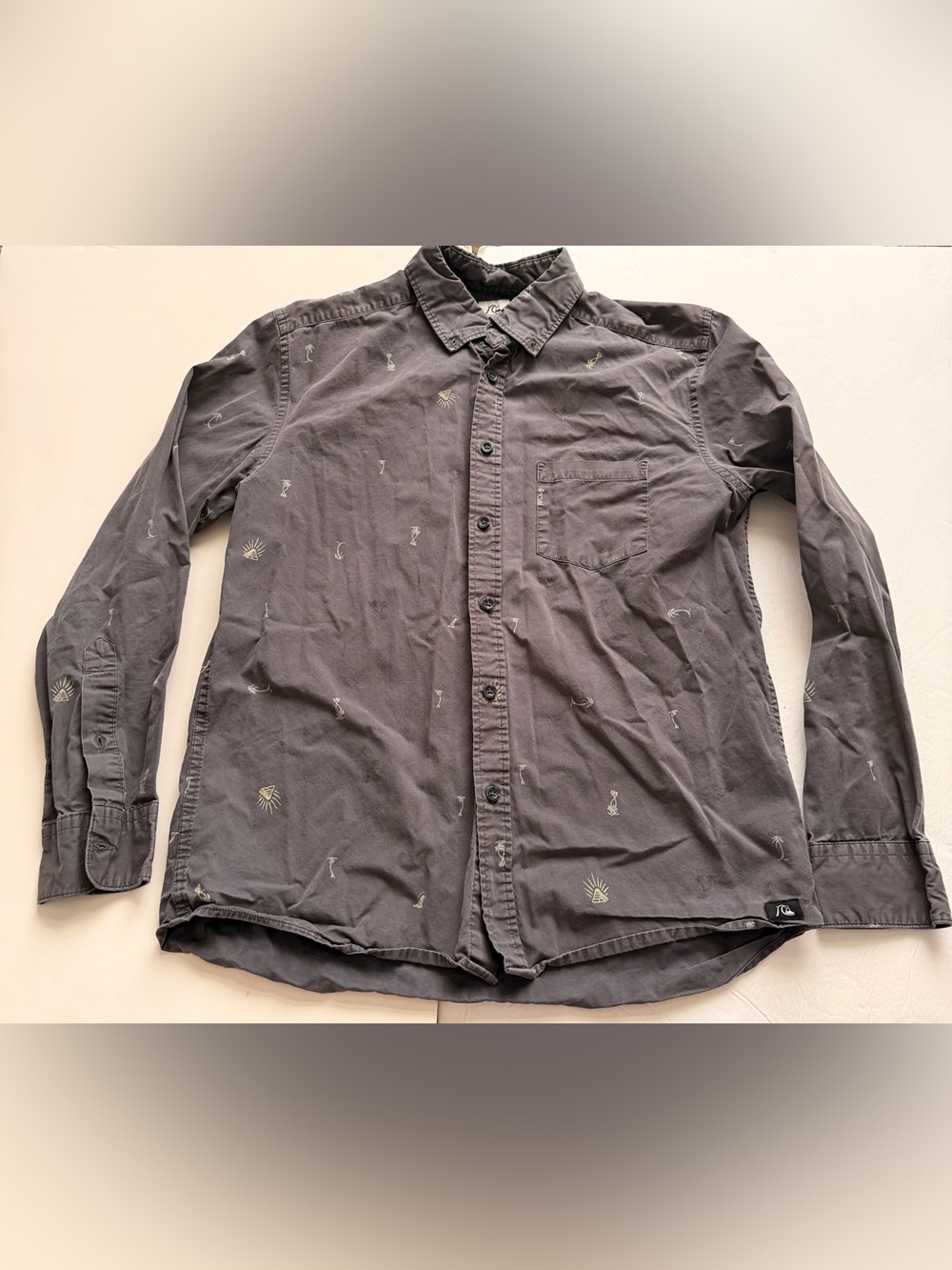 Quiksilver Mens Medium Dark Gray Tropical Print Long Sleeve Button Up Shirt